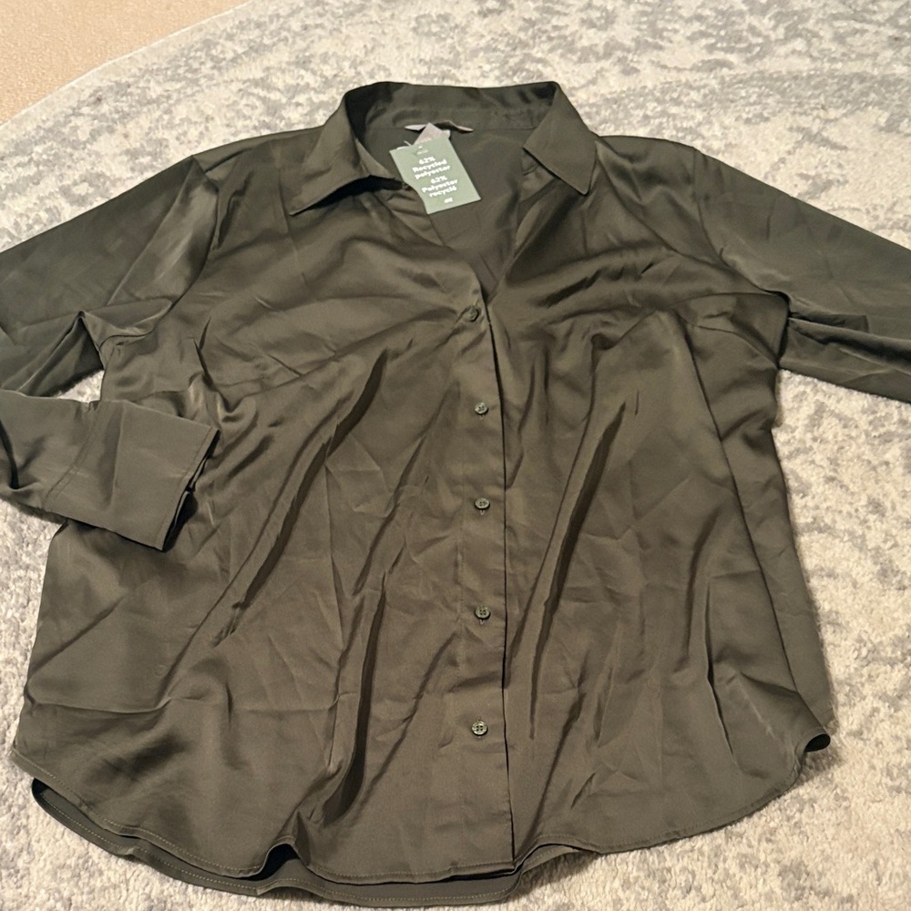 Hm satin Olive Green Button-Up Shirt nwt